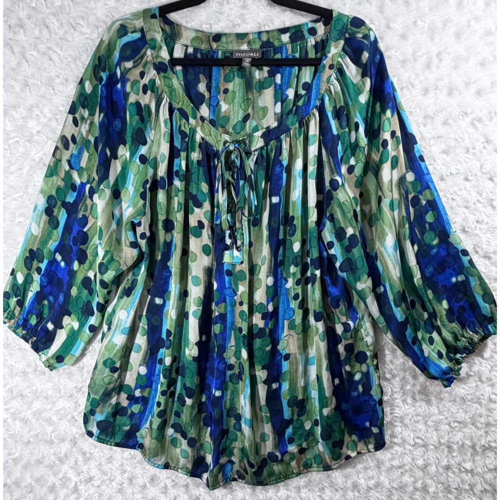 Roz & Ali Women 2X Blue Green Abstract Dot Lace Up Peasant Long Sleeve Blouse‎